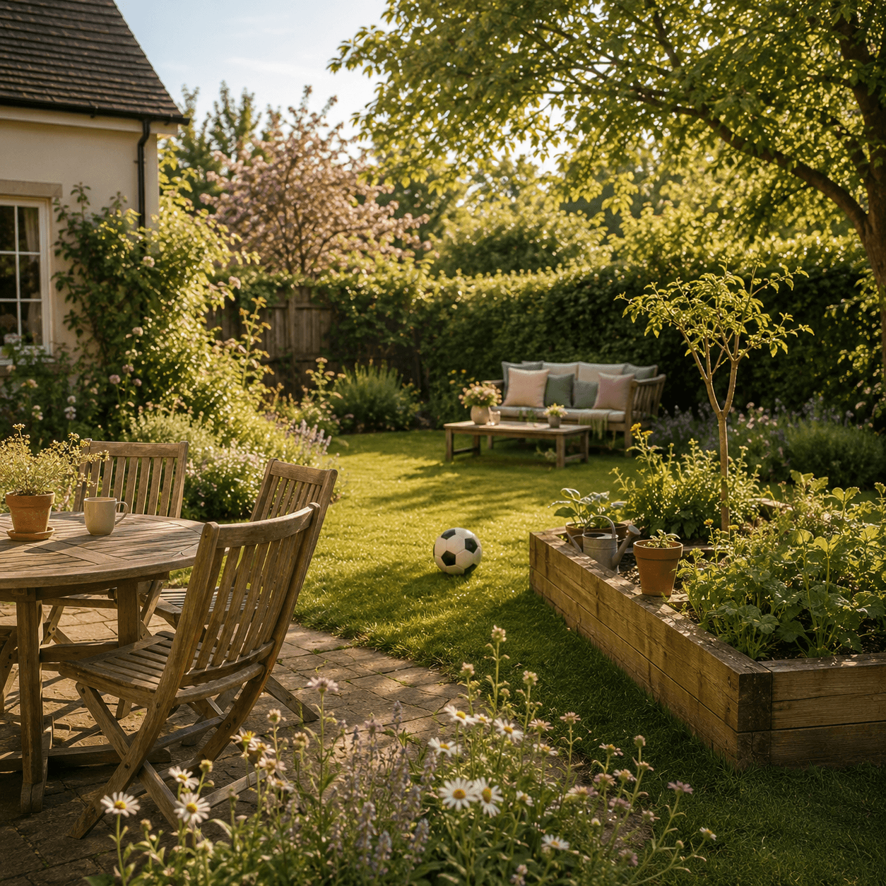 A sunny family garden with seating, planting and space to play