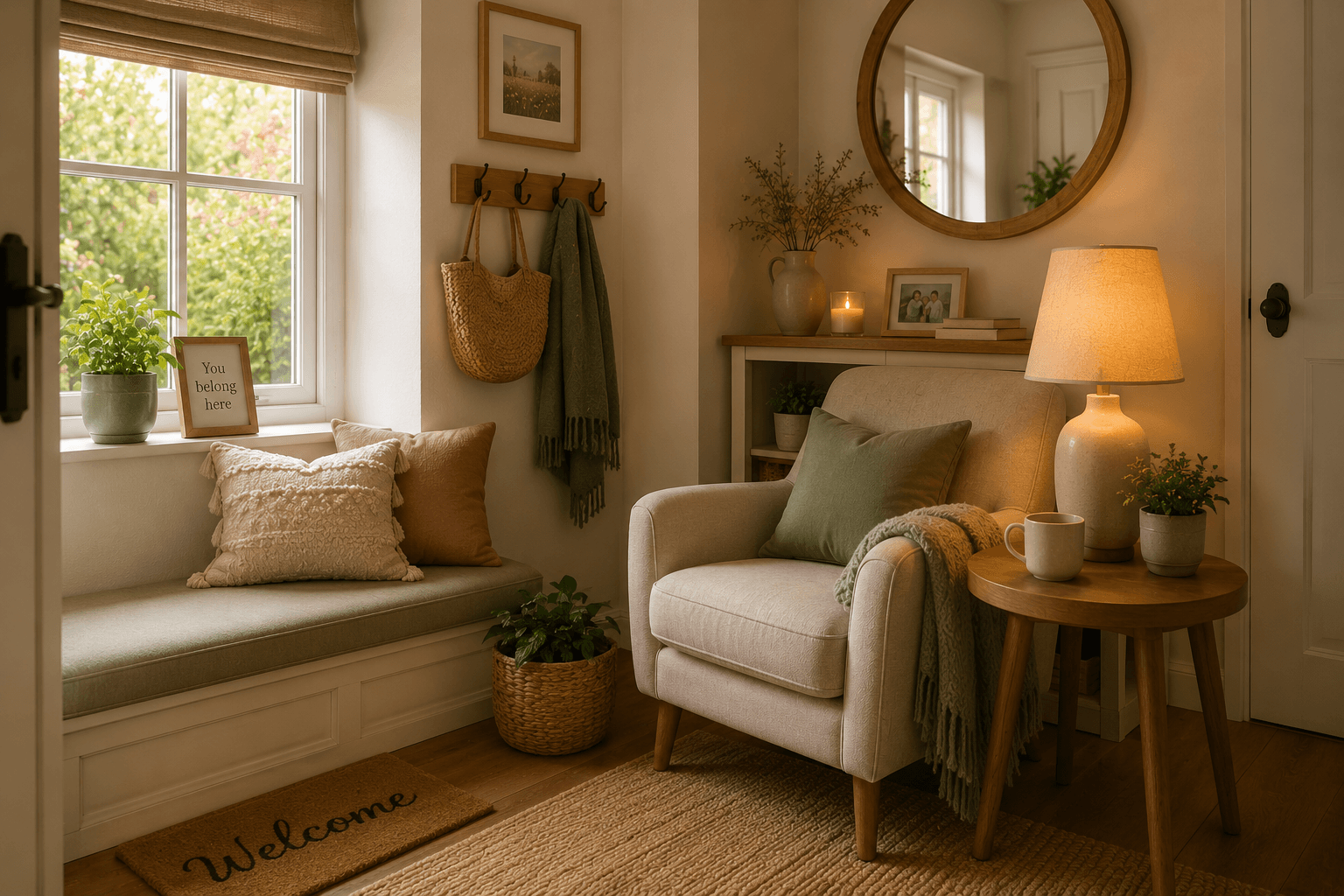 A calm reading corner with a window seat, armchair and warm lighting